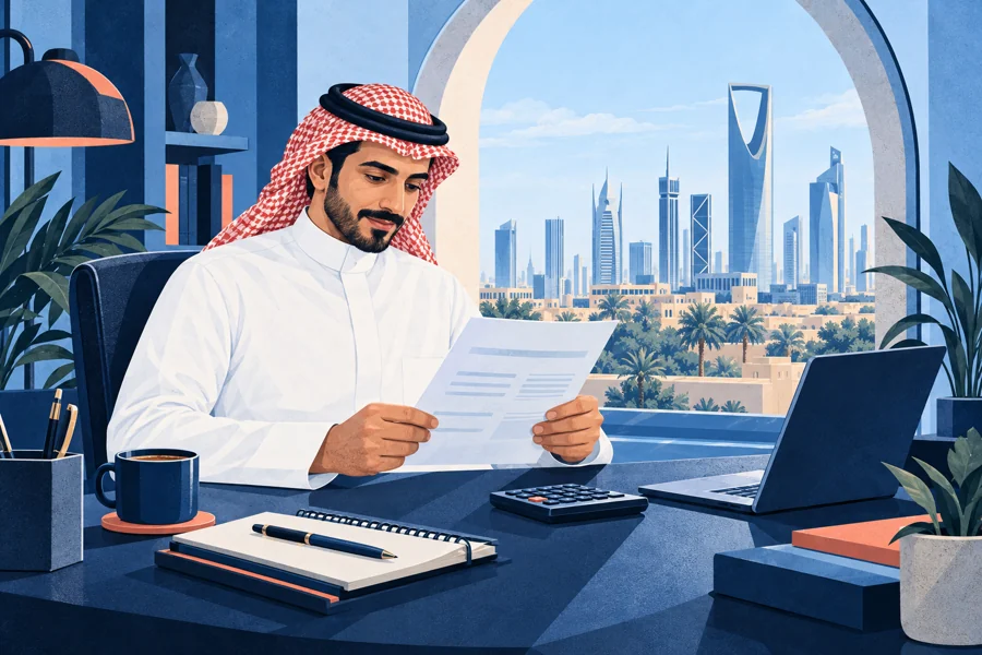 رسم تحريري لموظف يراجع مسير الراتب والحاسبة في مكتب سعودي